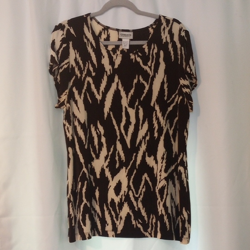 Chico's Bold Deep Espresso Brown and Cream Short Sleeve Top